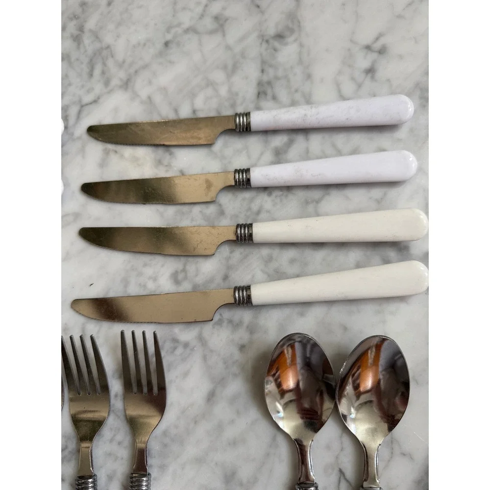 White Resin Handle Stainless Steel 30 pc Flatware Set Knives Forks Spoons Modern